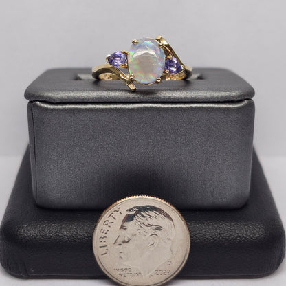 Roxa | Lightning Ridge Semi-Black Opal & Tanzanite Ring | 10kt Yellow Gold