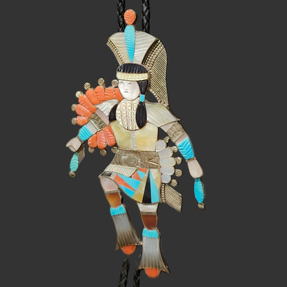Zuni | Artist Edward Albert Beyuka | 1950's Dancer with Sun Shield Inlay Bolo Tie | Sterling Silver