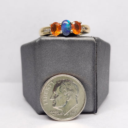 Treya | Lightning Ridge Black Opal & Mexican Fire Opal Diamond Ring | 14kt Yellow Gold