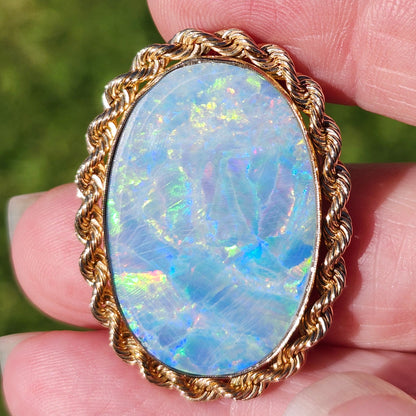 Rica | Lightning Ridge Australian Semi-Black Opal Doublet | Estate Pendant and Brooch/Pin | 14kt Yellow Gold