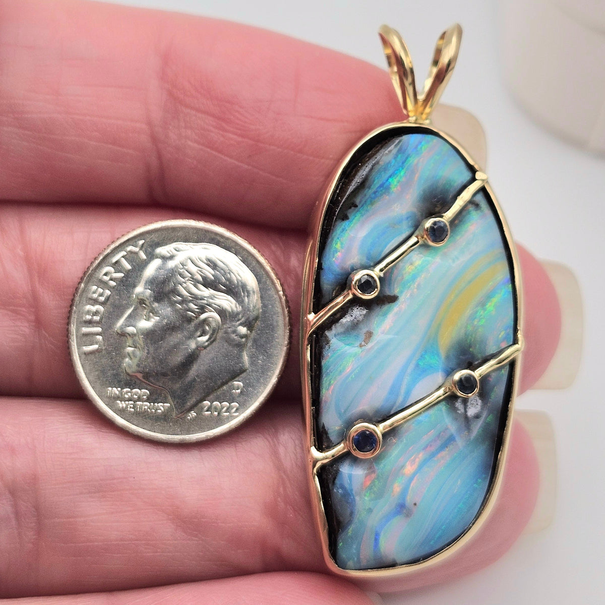 Raya | Quilpie Queensland Boulder Opal and Blue Sapphire Pendant | Custom | 14kt Yellow Gold