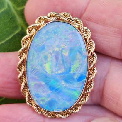 Rica | Lightning Ridge Australian Semi-Black Opal Doublet | Estate Pendant and Brooch/Pin | 14kt Yellow Gold