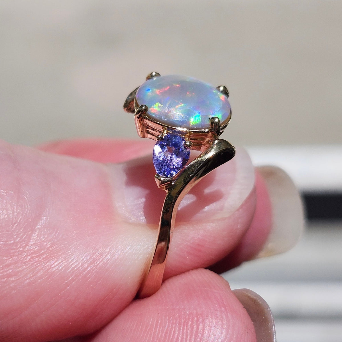 Roxa | Lightning Ridge Semi-Black Opal & Tanzanite Ring | 10kt Yellow Gold