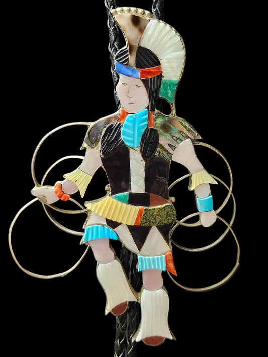 Zuni | Artist Jonathan Beyuka | Hoop Dancer Inlay Bolo Tie | Sterling Silver