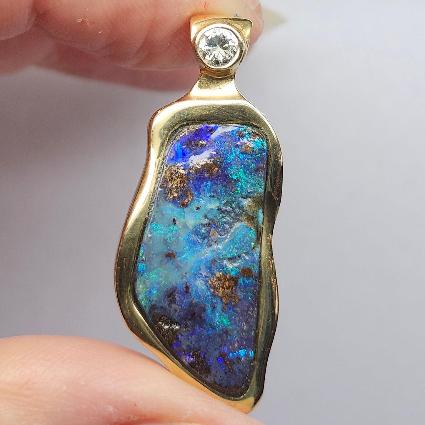 Ripa | Quilpie Queensland Boulder Opal and Diamond Pendant | Custom Made | 14kt Yellow Gold