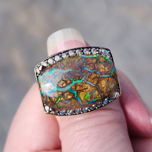 Harper | 11.82ct Koroit Boulder Opal and Diamond Ring | 14kt Yellow Gold