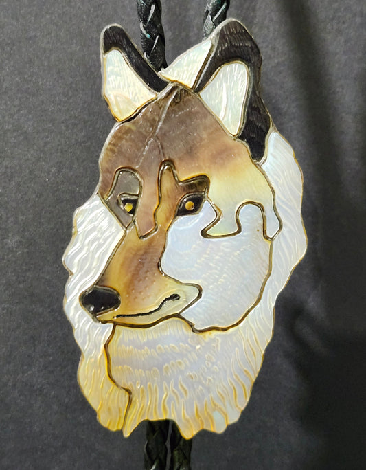 Zuni | Artist Virgil & Shirley Benn | Wolf Head Inlay Bolo Tie | Sterling Silver