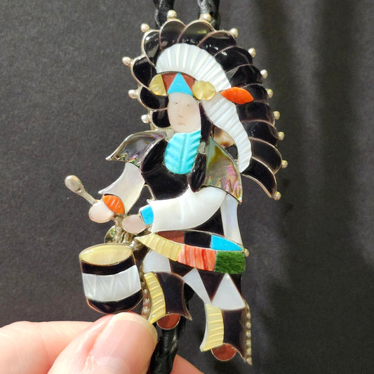 Zuni | Artist Jonathan Beyuka | Warrior Drummer Inlay Bolo Tie | Sterling Silver