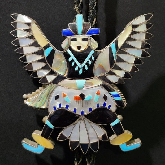 Zuni | Artist signed L B Chavez | Knifewing Inlay Bolo Tie | Vintage 1970s | Sterling Silver