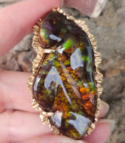 97.57ct Mexican Fire Agate Pendant | Custom Carved Cabochon | 14kt Yellow Gold