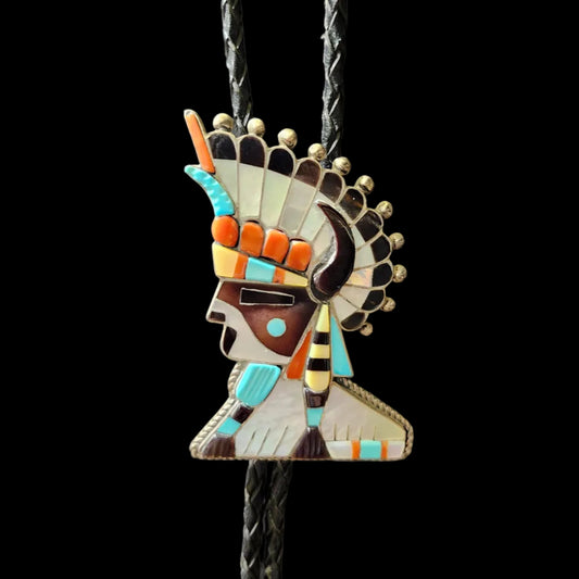 Vintage Zuni | Horned Headdress Inlay Bolo Tie | Sterling Silver