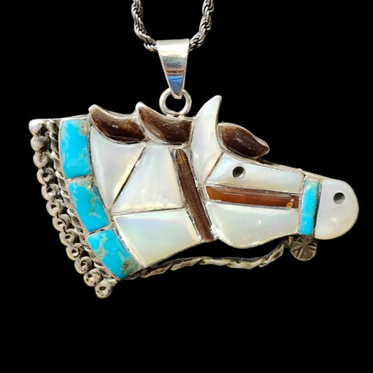 Zuni | Leekity Family - Artist | Horse Head Inlay Pendant (Modified Bolo Tie) | Sterling Silver