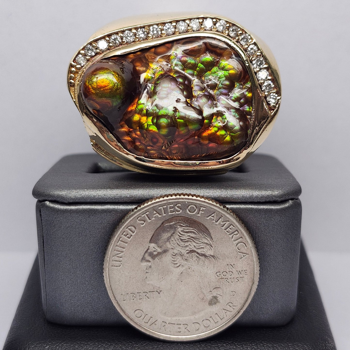Legacy | 44.30 Gram Custom Fire Agate and Diamond Ring | 14kt Yellow Gold