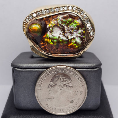 Legacy | 44.30 Gram Custom Fire Agate and Diamond Ring | 14kt Yellow Gold