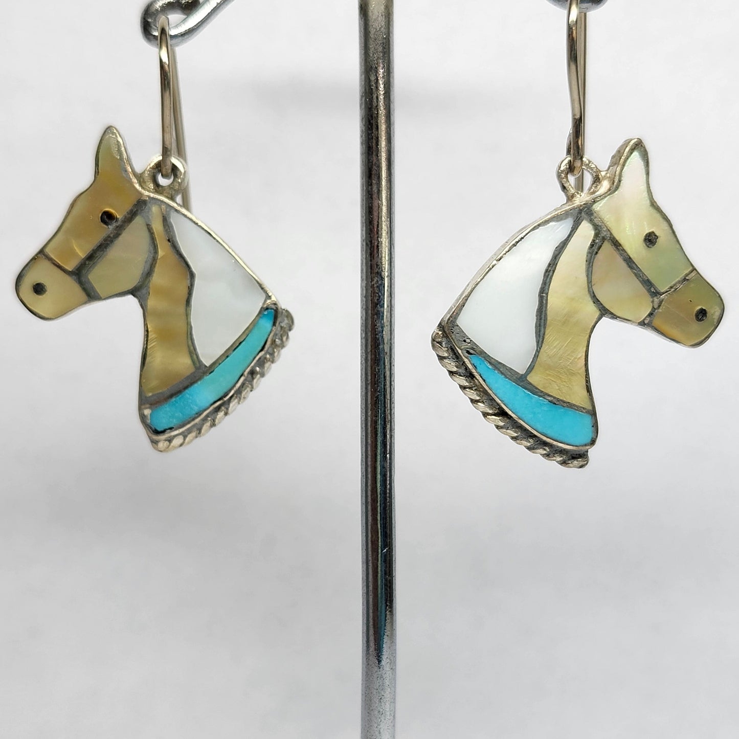 Zuni | Artist Juan Qualo | Horse Head Inlay Bolo Tip Earrings | Sterling Silver