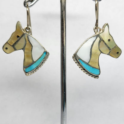Zuni | Artist Juan Qualo | Horse Head Inlay Bolo Tip Earrings | Sterling Silver