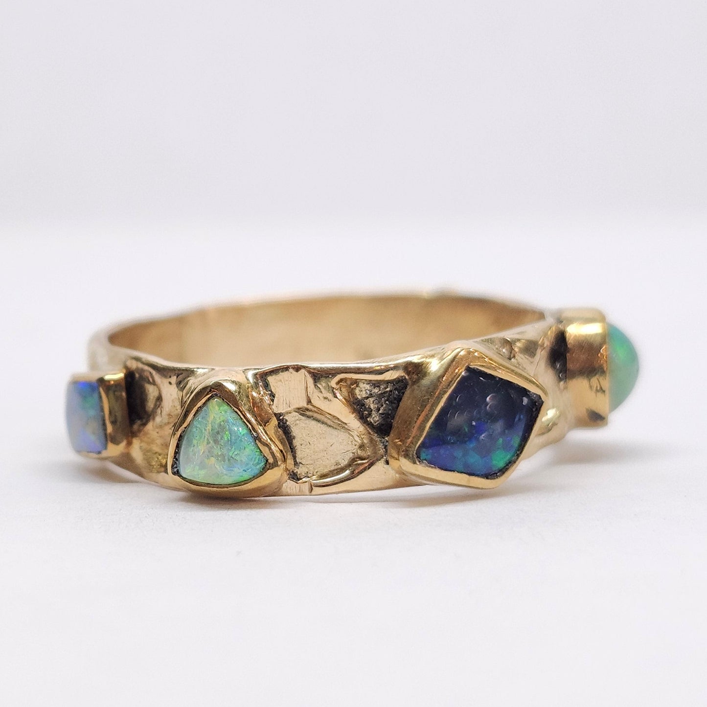 Quint | Australian Black and Semi-Black Opal Multi-Stone Band | Custom | 14kt Yellow Gold