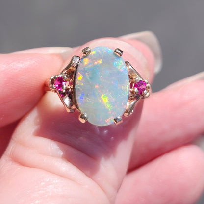 Rosie | Lightning Ridge Semi-Black Australian Opal & Ruby Estate Ring | 10kt Yellow Gold