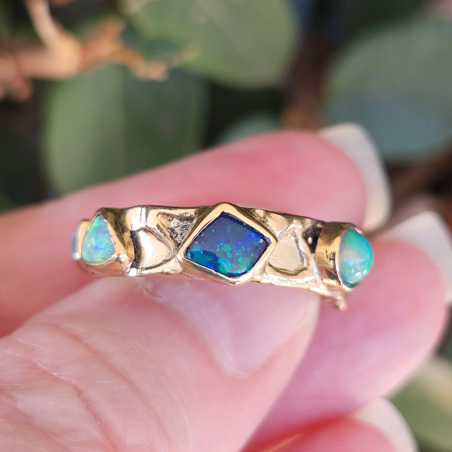 Quint | Australian Black and Semi-Black Opal Multi-Stone Band | Custom | 14kt Yellow Gold