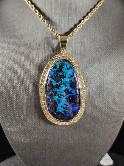 Neptune's Sea | Australian Boulder Opal and Diamond Pendant | 14kt