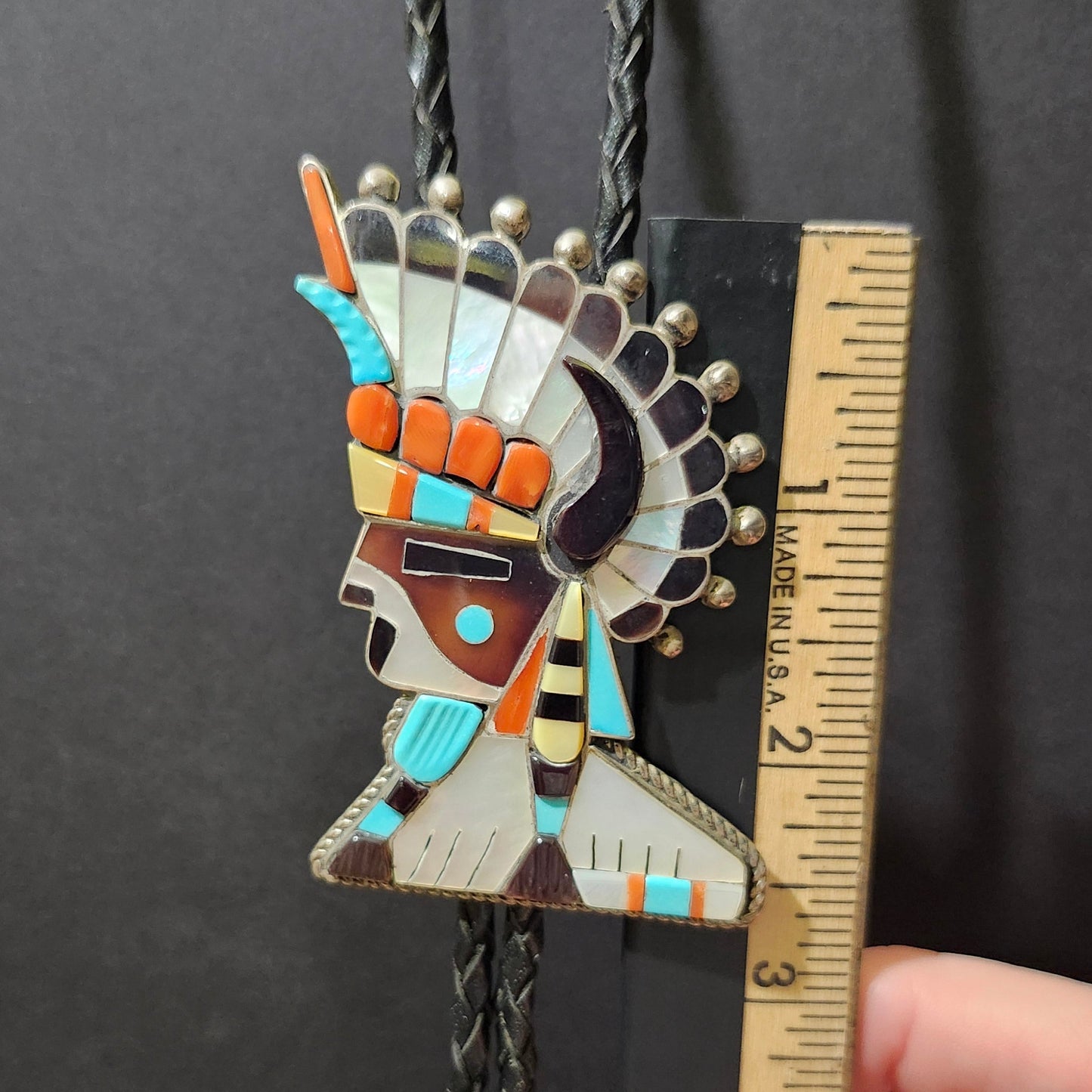 Vintage Zuni | Horned Headdress Inlay Bolo Tie | Sterling Silver