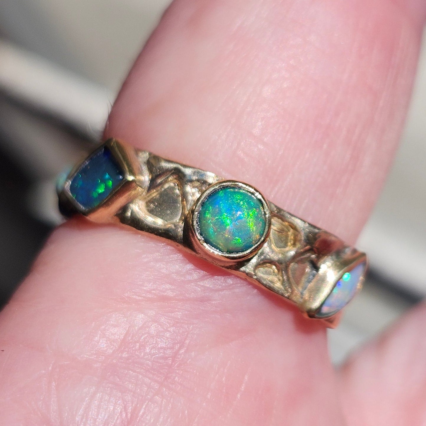 Quint | Australian Black and Semi-Black Opal Multi-Stone Band | Custom | 14kt Yellow Gold