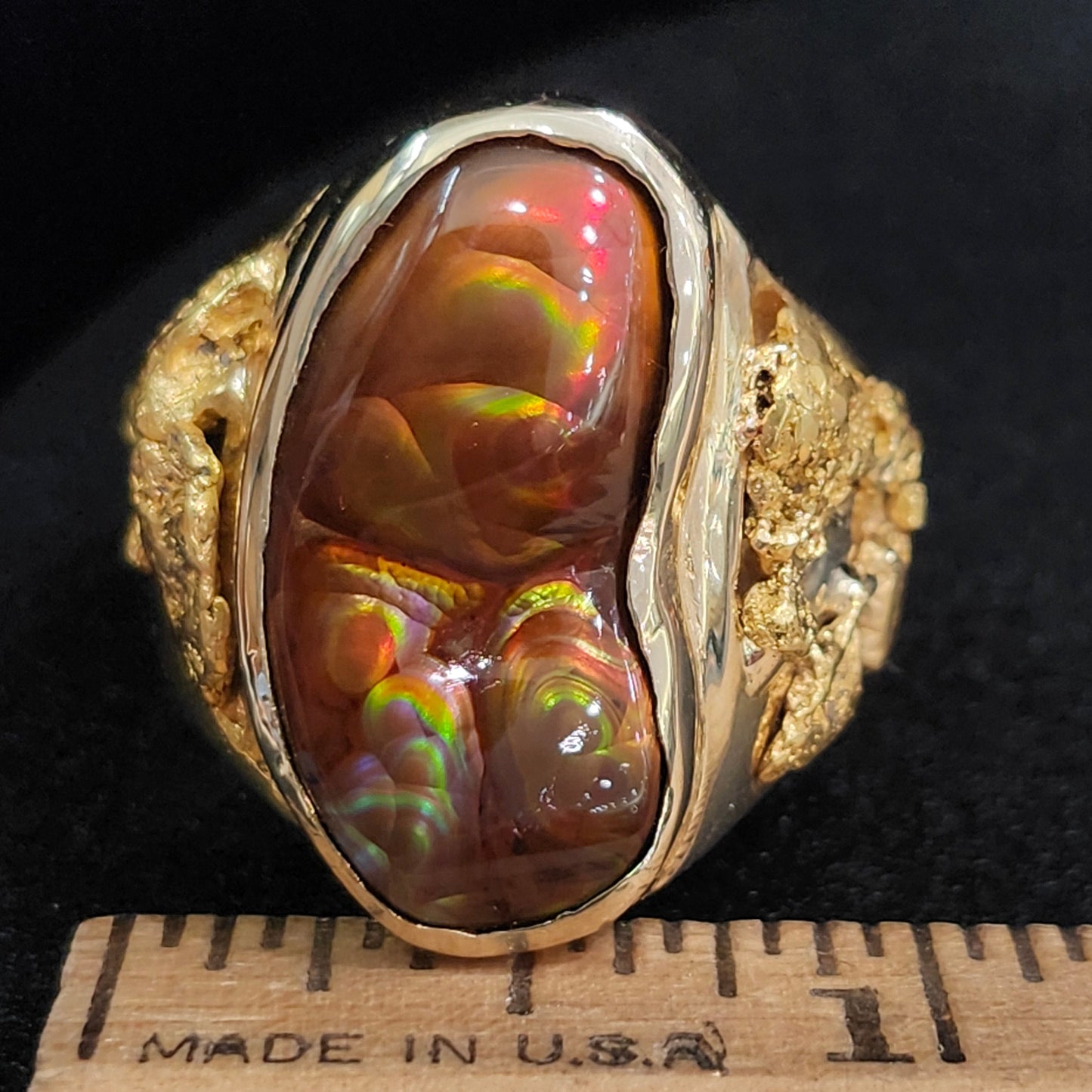 Rolling Fire | Men's 31.35 Gram Fire Agate and Gold Nugget Ring | 14kt