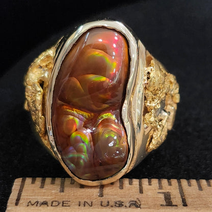 Rolling Fire | Men's 31.35 Gram Fire Agate and Gold Nugget Ring | 14kt