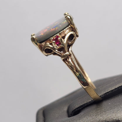 Rosie | Lightning Ridge Semi-Black Australian Opal & Ruby Estate Ring | 10kt Yellow Gold