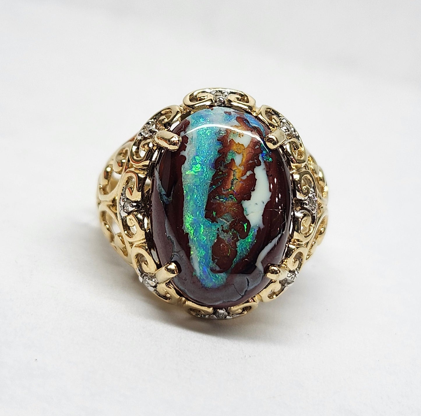 Arabella | Koroit Boulder Opal and Diamond Ring | Estate | 10kt Yellow Gold