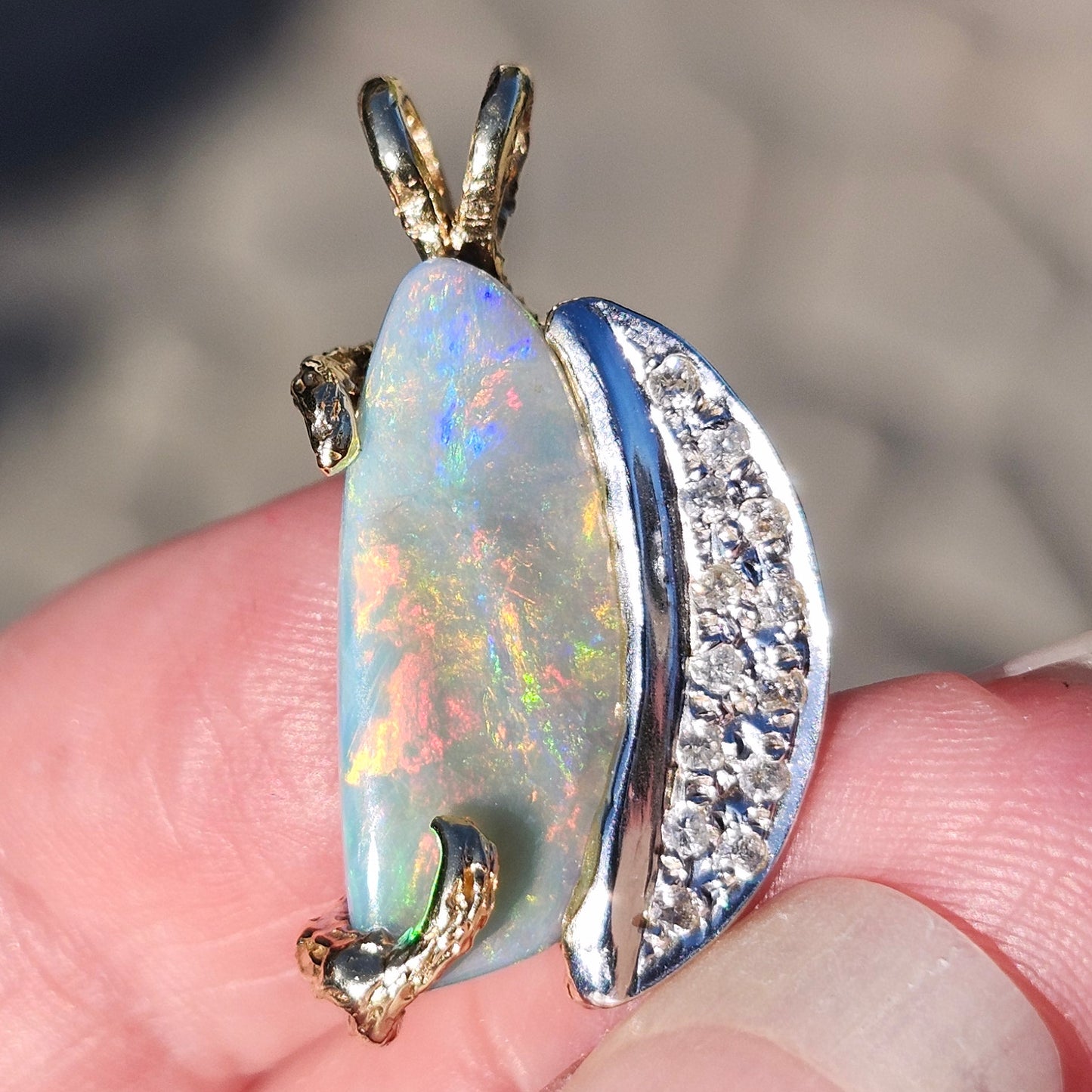Luna | Lightning Ridge Semi-Black Opal and Diamond Pendant | Two Tone Custom Made | 14kt