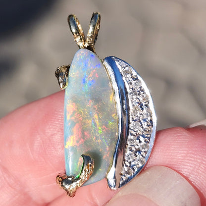 Luna | Lightning Ridge Semi-Black Opal and Diamond Pendant | Two Tone Custom Made | 14kt