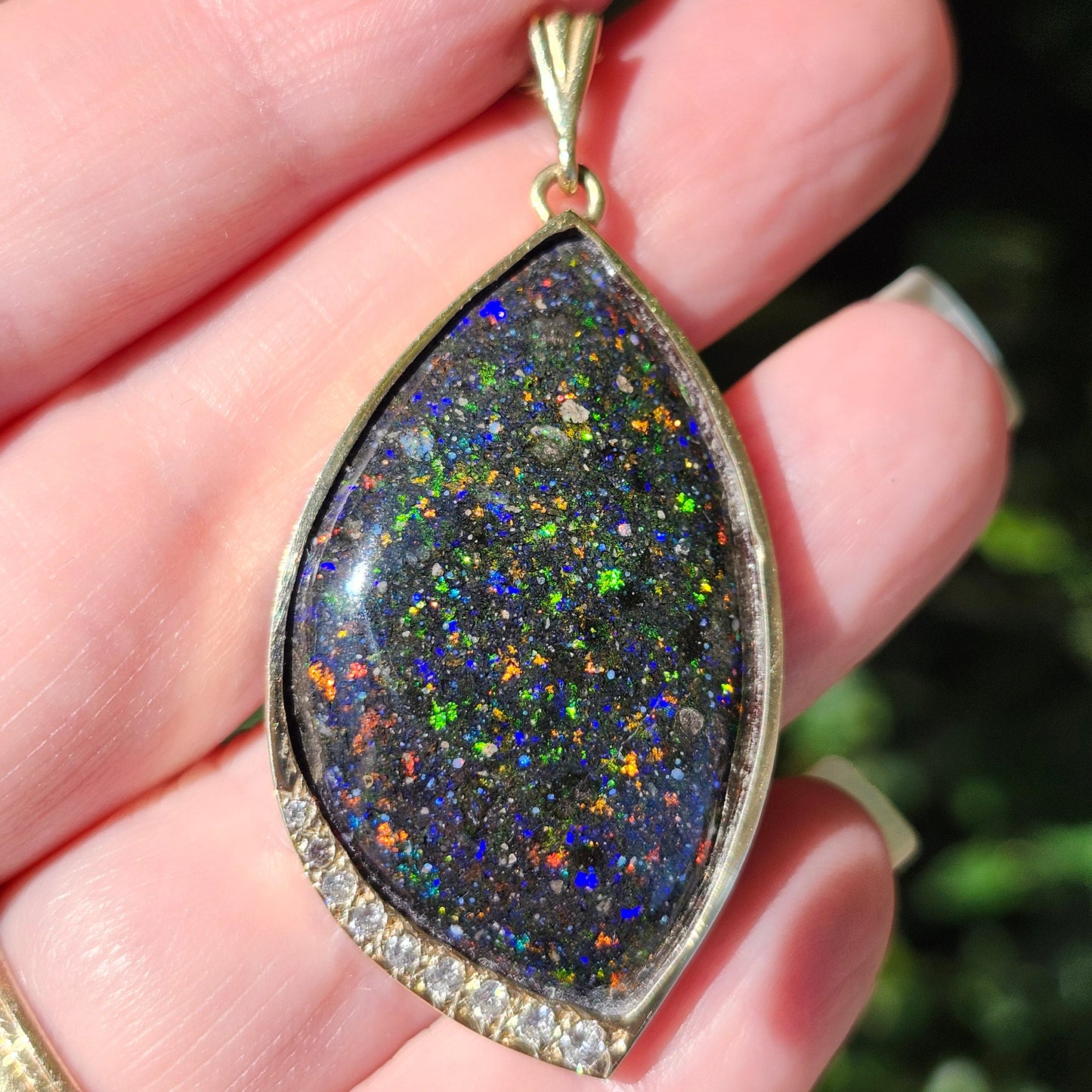 Galaxy | Honduras Black Opal and Diamond Pendant | 14kt Yellow Gold