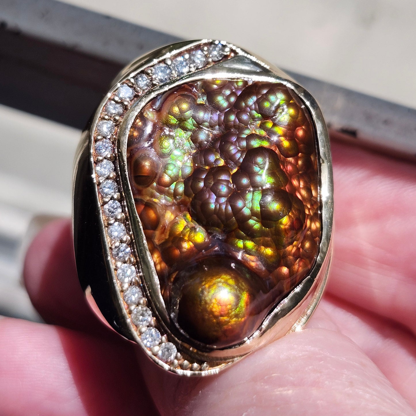 Legacy | 44.30 Gram Custom Fire Agate and Diamond Ring | 14kt Yellow Gold