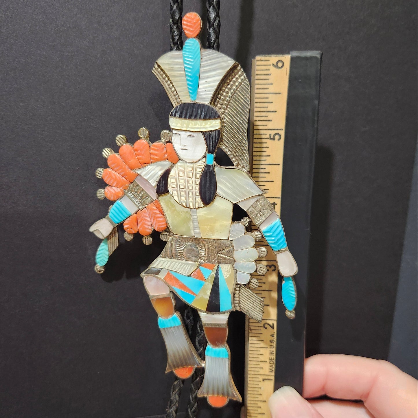 Zuni | Artist Edward Albert Beyuka | 1950's Dancer with Sun Shield Inlay Bolo Tie | Sterling Silver