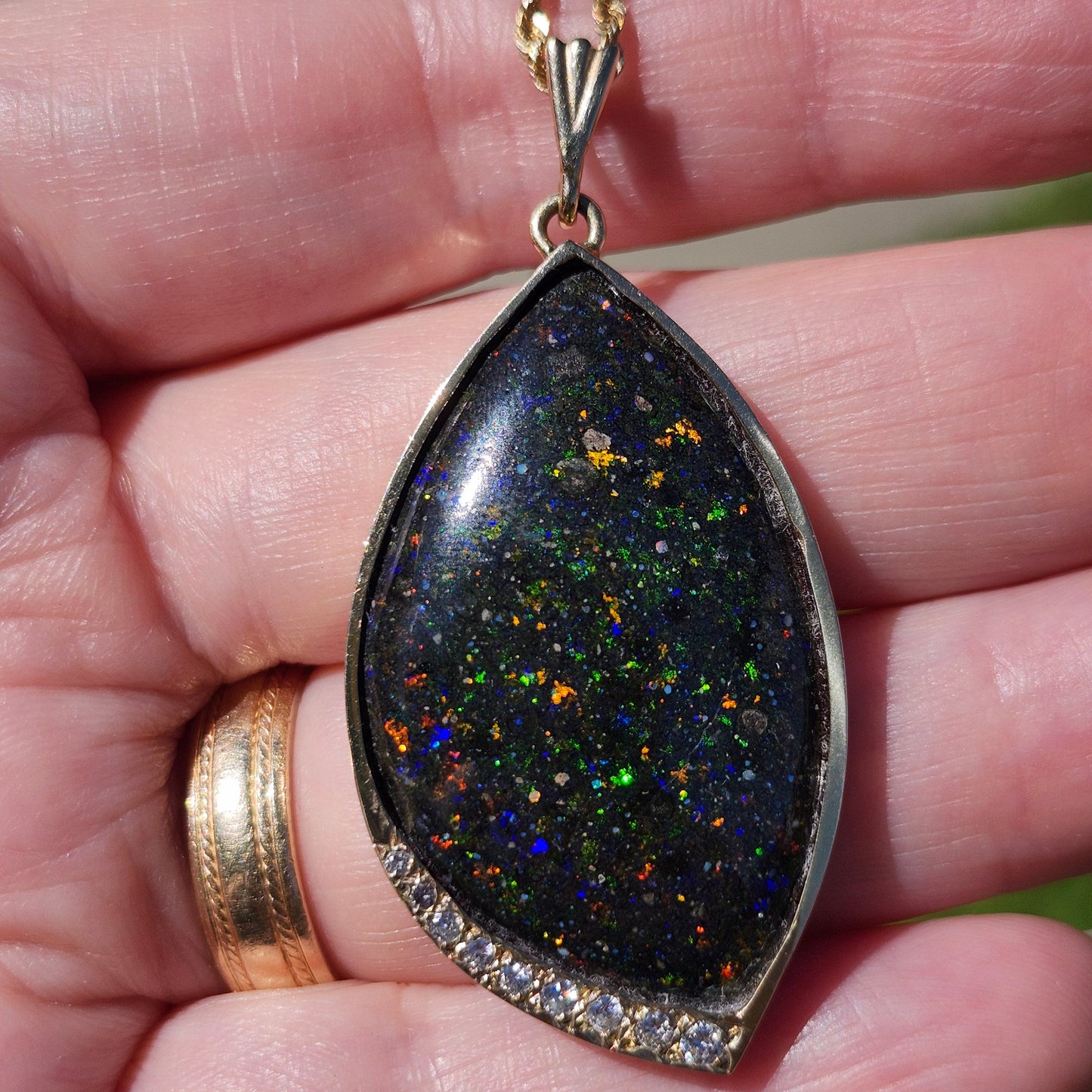 Galaxy | Honduras Black Opal and Diamond Pendant | 14kt Yellow Gold
