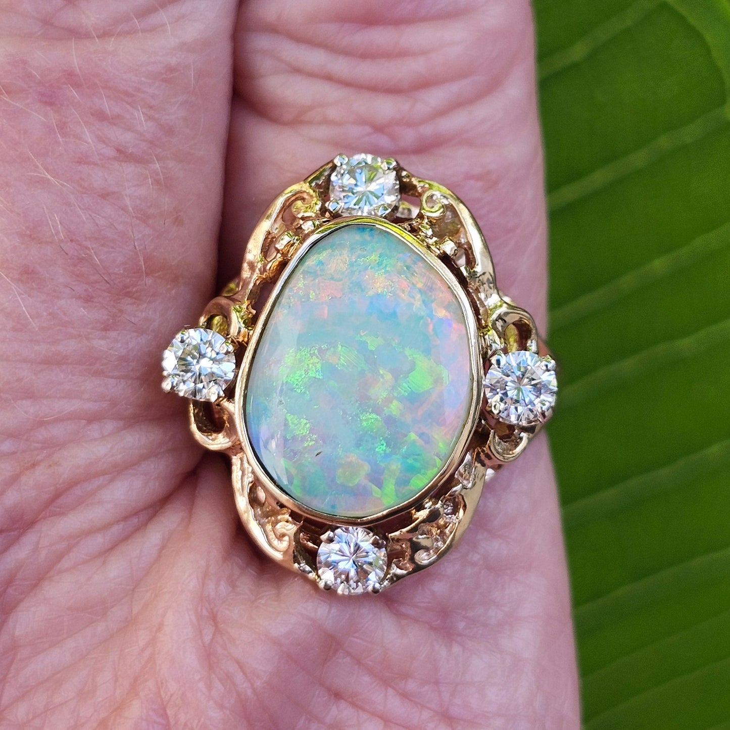 Claire | Coober Pedy Australian Crystal Opal & Diamond Ring | Estate | 14kt Yellow Gold