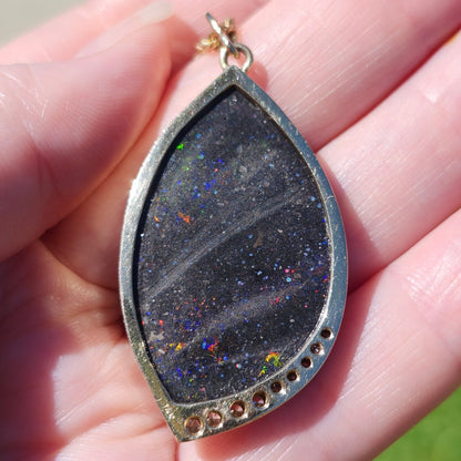 Galaxy | Honduras Black Opal and Diamond Pendant | 14kt Yellow Gold