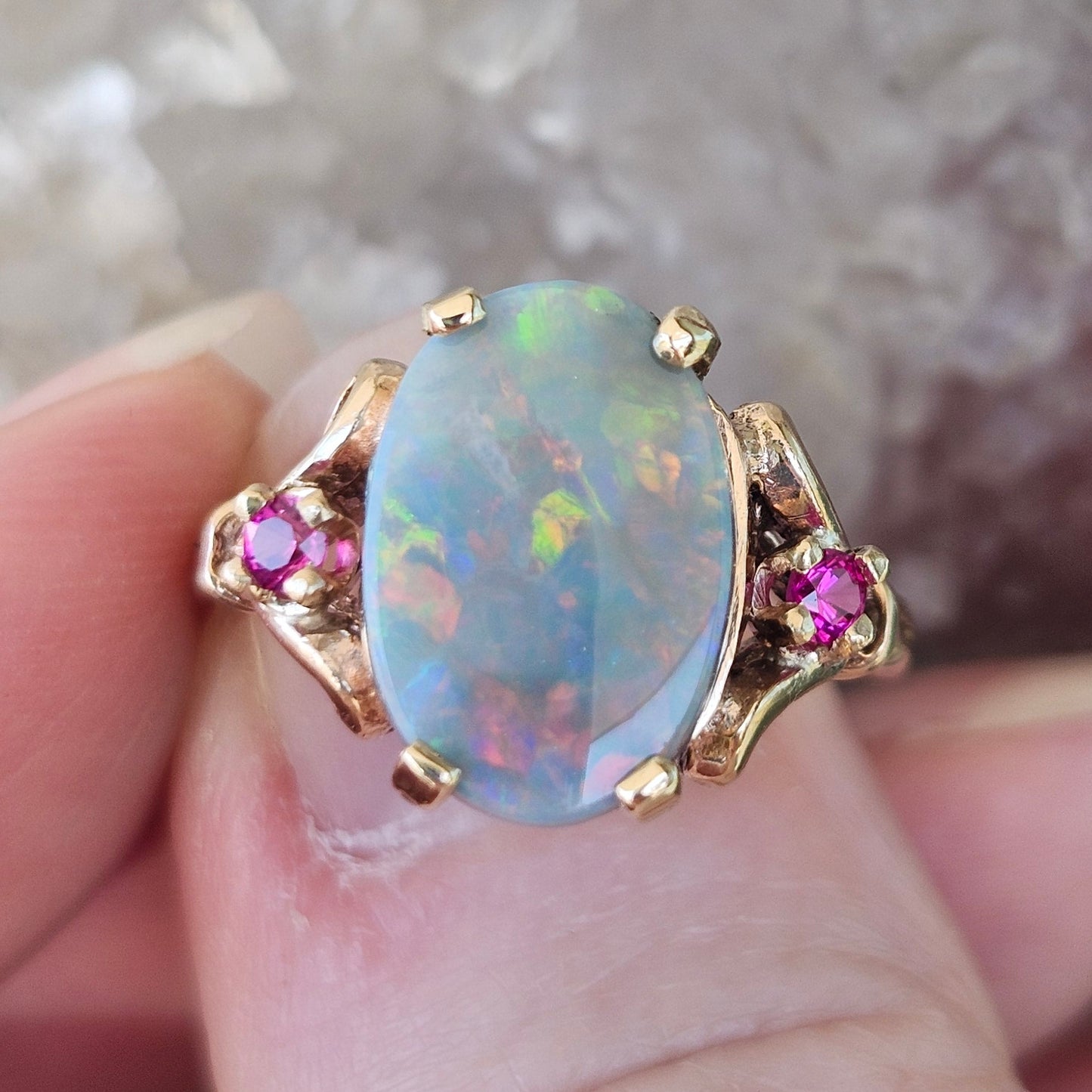 Rosie | Lightning Ridge Semi-Black Australian Opal & Ruby Estate Ring | 10kt Yellow Gold