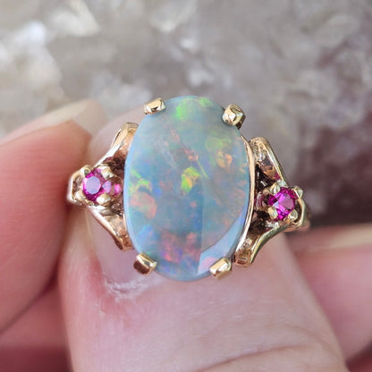Rosie | Lightning Ridge Semi-Black Australian Opal & Ruby Estate Ring | 10kt Yellow Gold