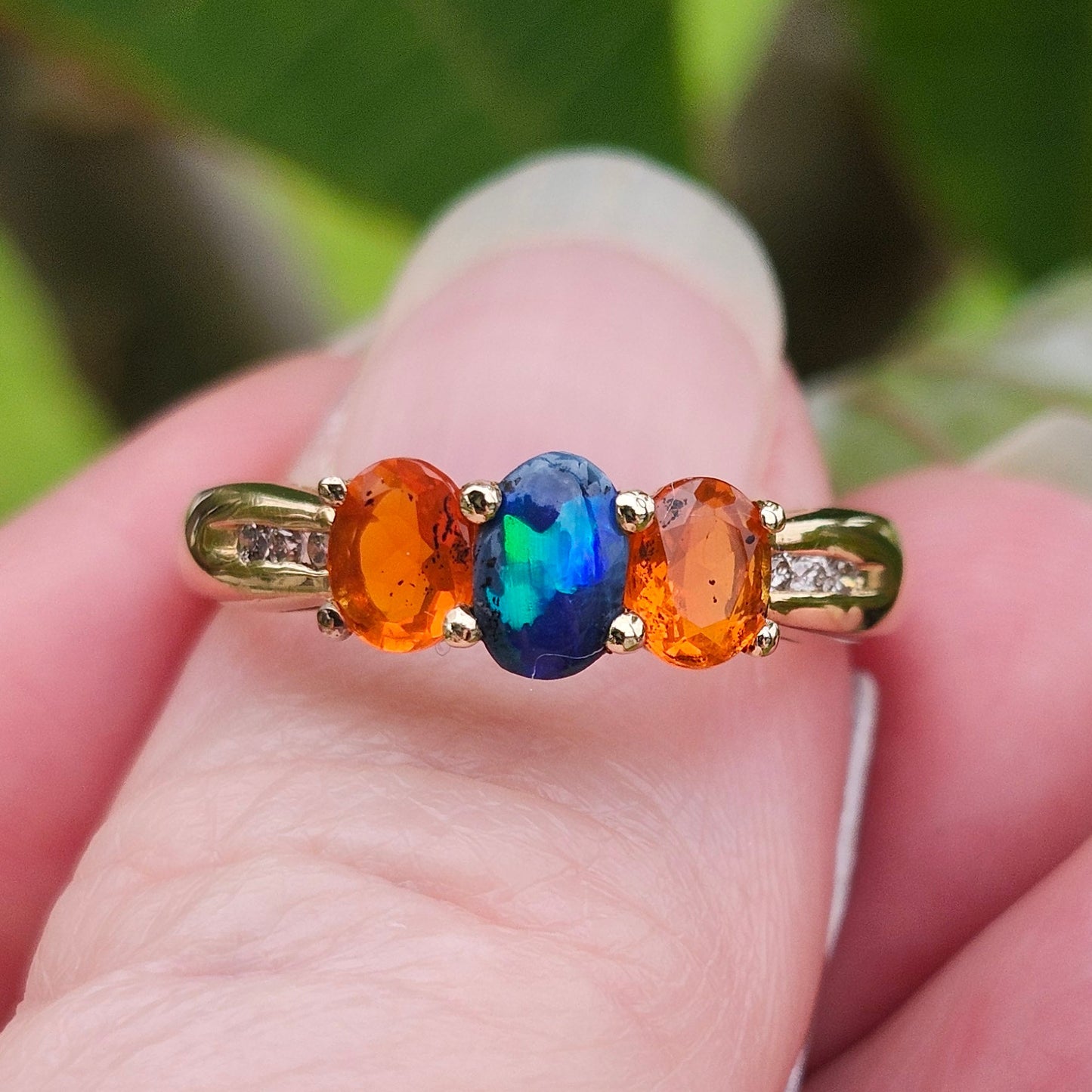 Treya | Lightning Ridge Black Opal & Mexican Fire Opal Diamond Ring | 14kt Yellow Gold