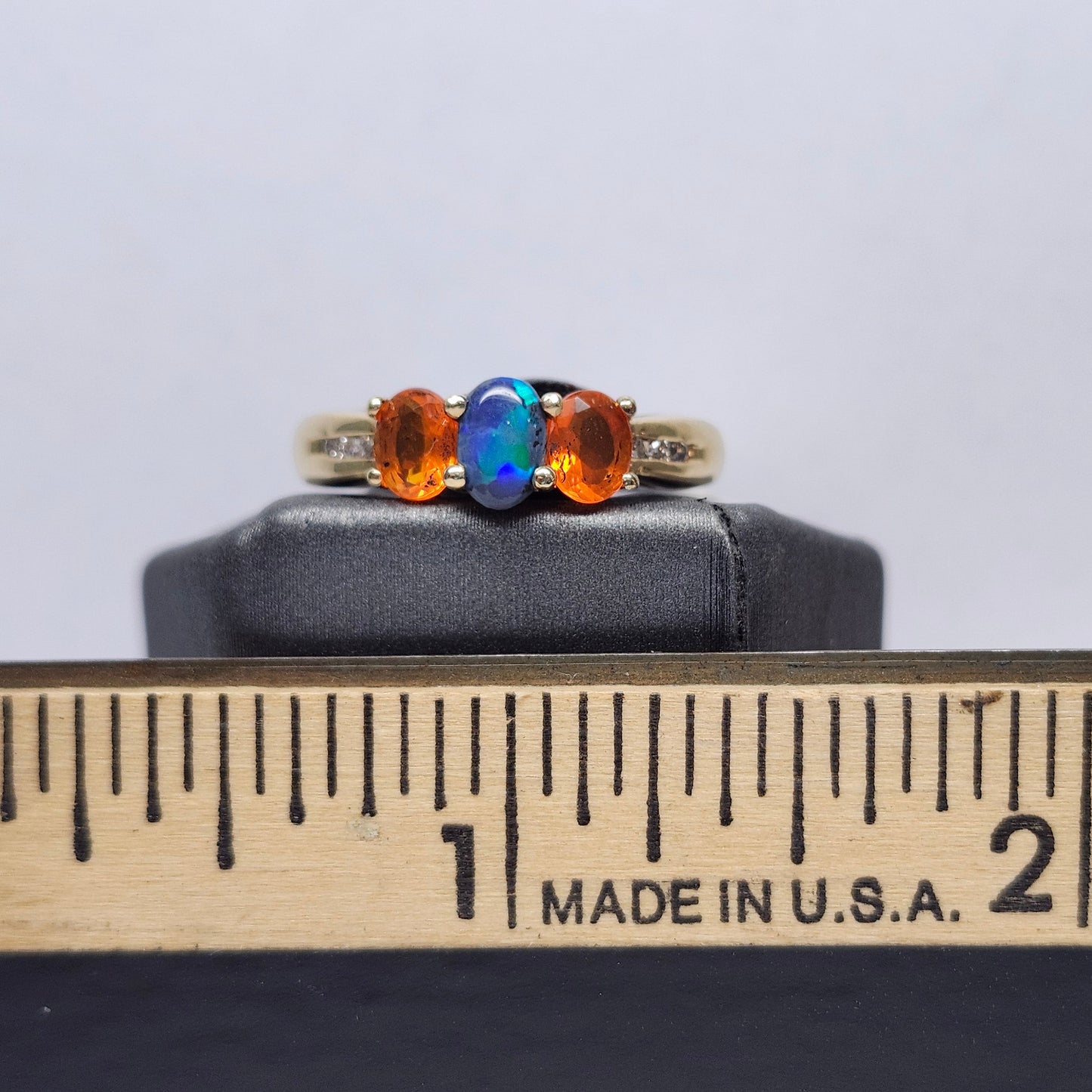 Treya | Lightning Ridge Black Opal & Mexican Fire Opal Diamond Ring | 14kt Yellow Gold