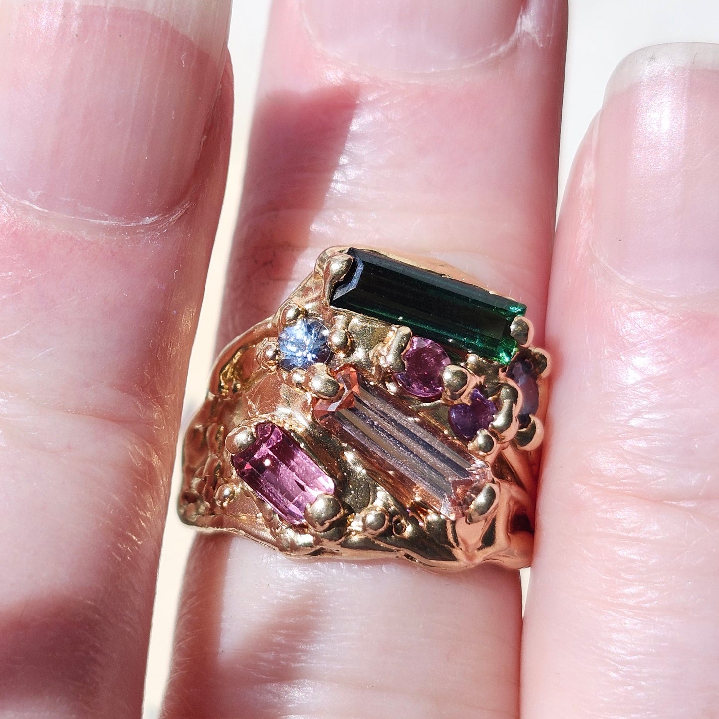 Tourmaline Trio & Spinel Custom Ring | 14kt Yellow Gold