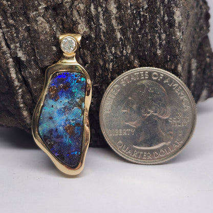 Ripa | Quilpie Queensland Boulder Opal and Diamond Pendant | Custom Made | 14kt Yellow Gold