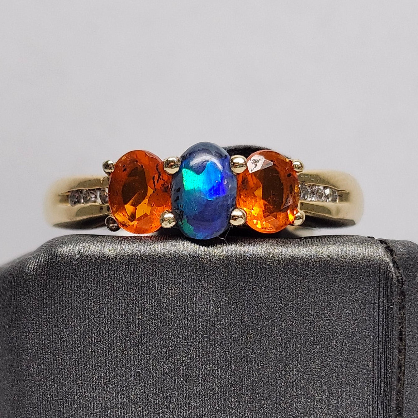 Treya | Lightning Ridge Black Opal & Mexican Fire Opal Diamond Ring | 14kt Yellow Gold