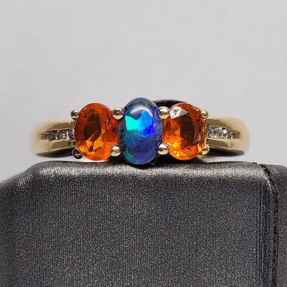 Treya | Lightning Ridge Black Opal & Mexican Fire Opal Diamond Ring | 14kt Yellow Gold