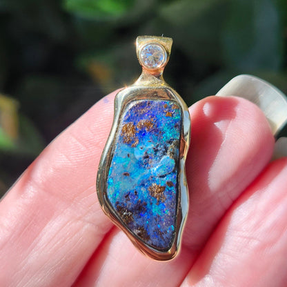 Ripa | Quilpie Queensland Boulder Opal and Diamond Pendant | Custom Made | 14kt Yellow Gold