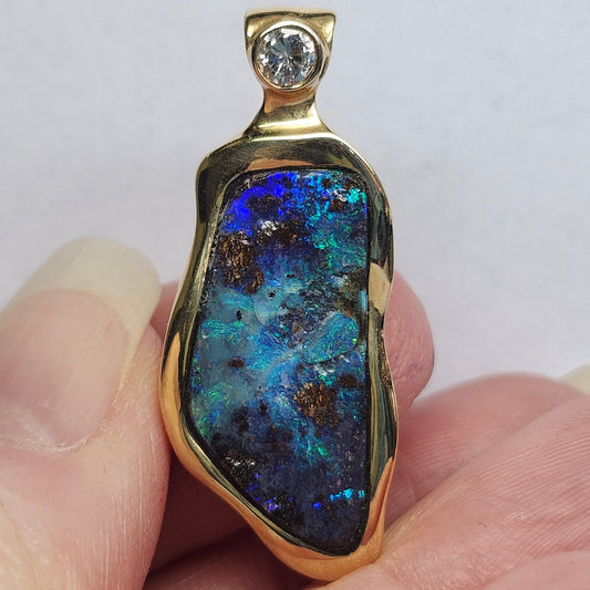 Ripa | Quilpie Queensland Boulder Opal and Diamond Pendant | Custom Made | 14kt Yellow Gold