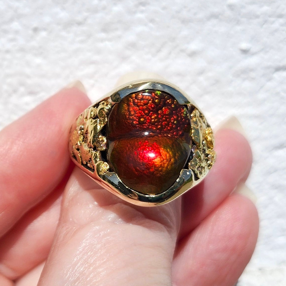 Eternal Flame | Men's 25.36 Gram Fire Agate and Gold Nugget Ring | 14kt