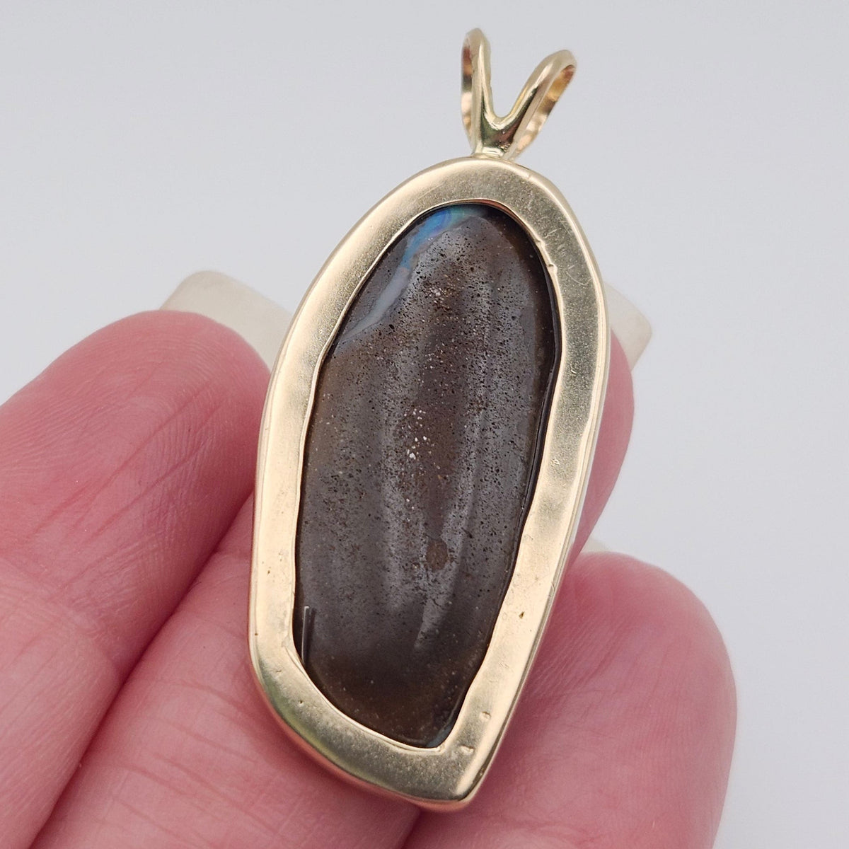 Raya | Quilpie Queensland Boulder Opal and Blue Sapphire Pendant | Custom | 14kt Yellow Gold
